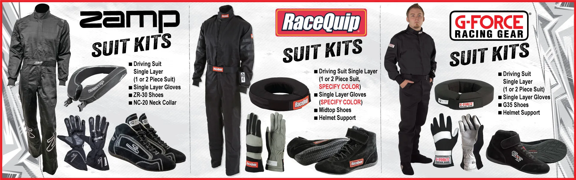 Suit kits featuring G-Force, RaceQuip, or Zamp products with 1pc or 2pc single layer suits available at Day Motor Sports.